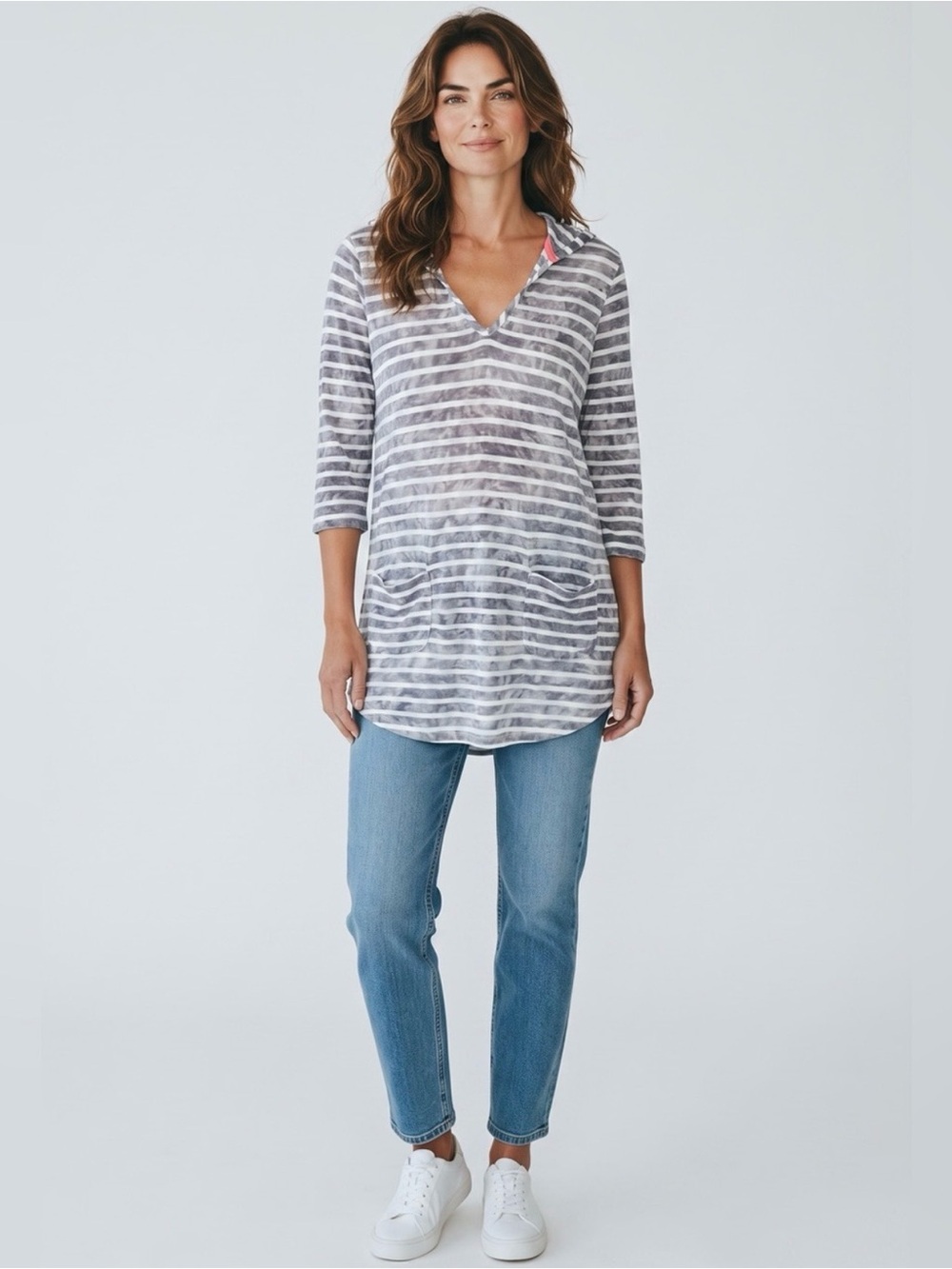 AKINI 3/4 Sleeve Striped Hooded Tunic // Gray // Medium